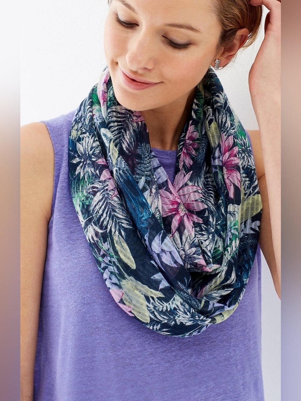J Jill 100% Silk Floral Navy Infinity Scarf New With Tag Retail Price $49